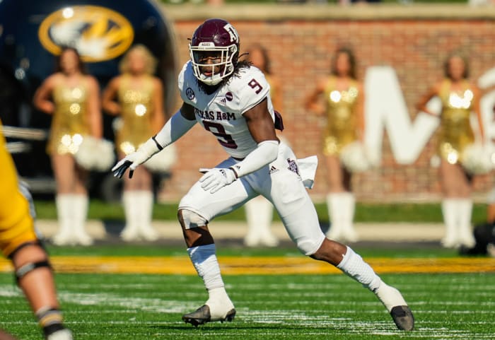Oct 16, 2021; Columbia, Missouri, USA; Texas A&M Aggies defensive back Leon O'Neal Jr. (9) defends against the Missouri Tigers during the second half at Faurot Field at Memorial Stadium. Mandatory Credit: Jay Biggerstaff-USA TODAY Sports